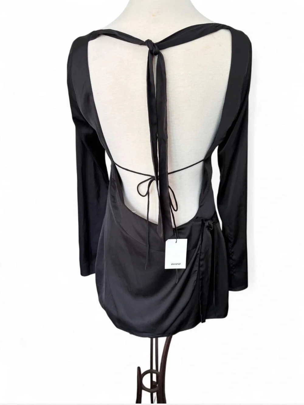 NWT Danielle Guizio NY Black Satin Open Back Long Sleeve Mini Dress M